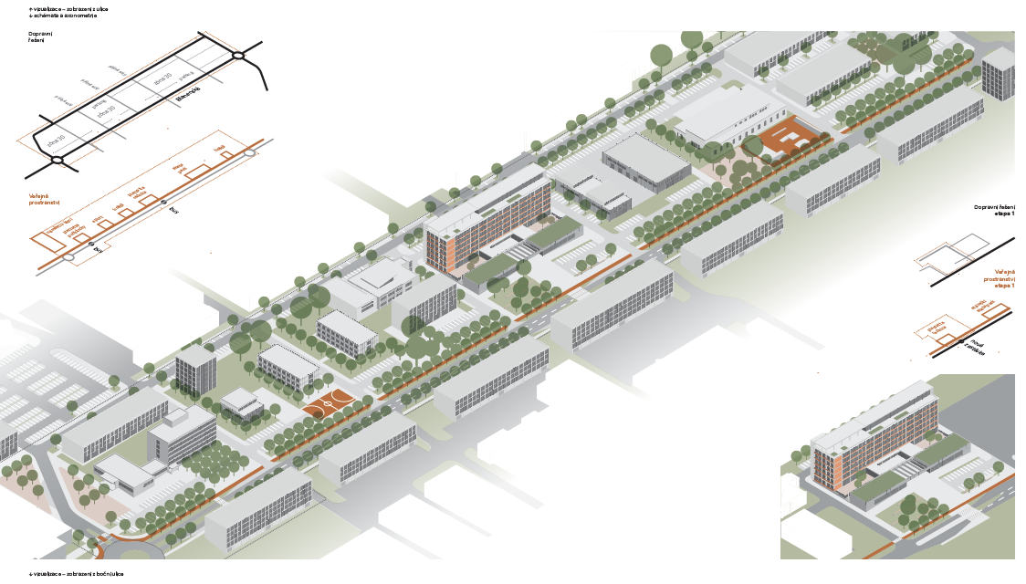 Axonometrie ulice — urbanistické řešení
